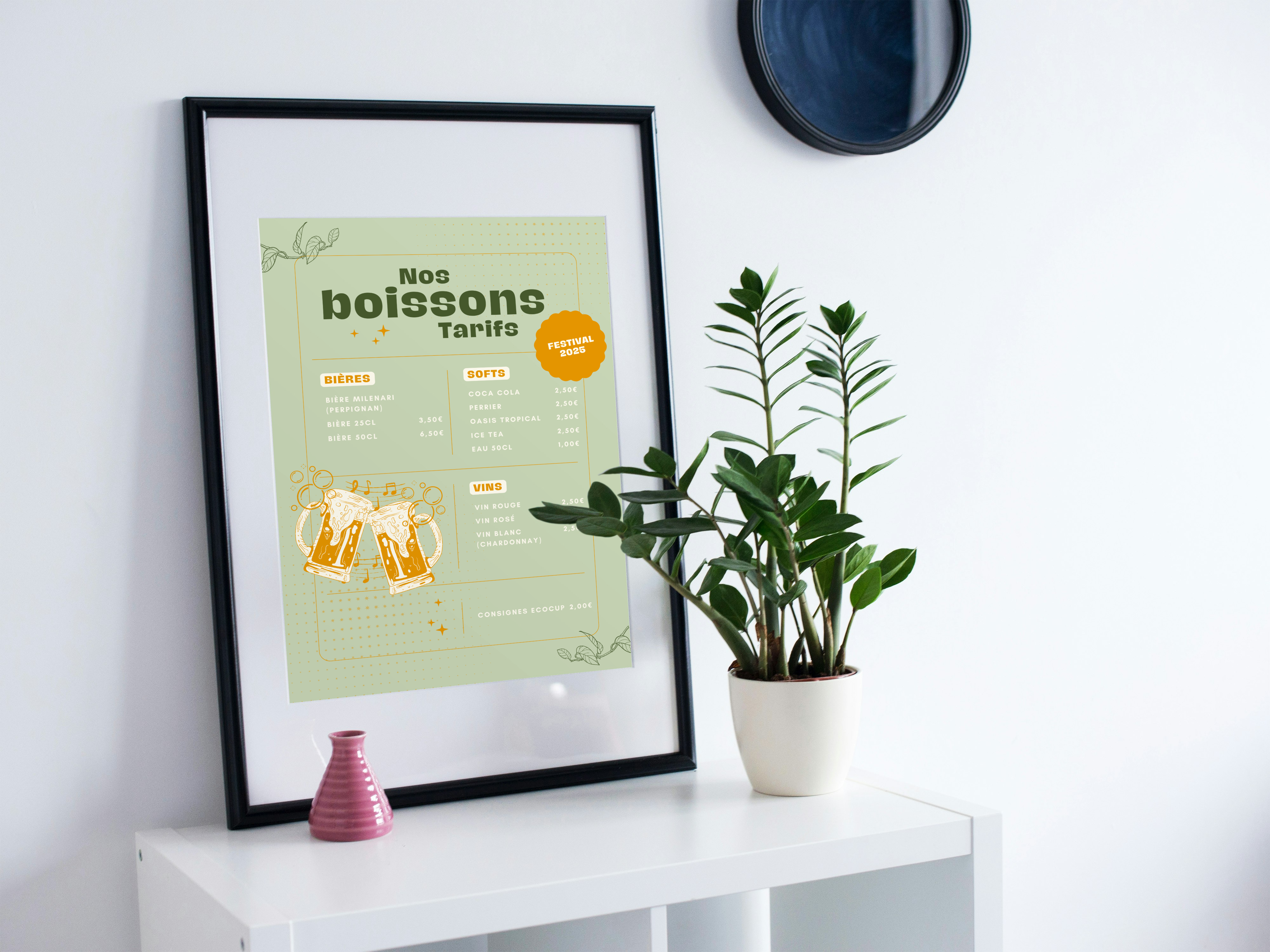 Affiche présentant les tarifs des boissons pour le festival des fanfares 2025 à Montpellier