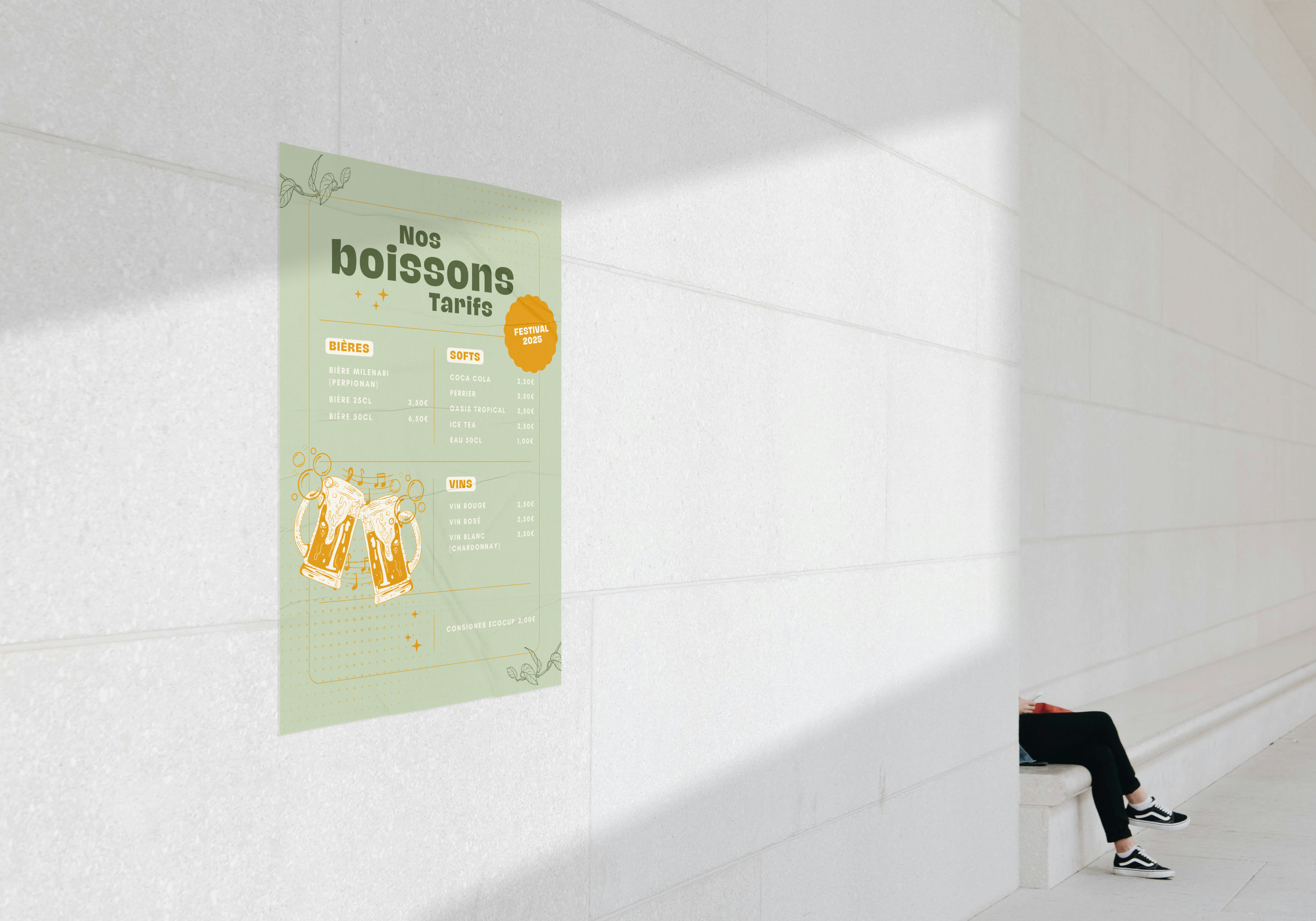 Affiche présentant les tarifs des boissons pour le festival des fanfares 2025 à Montpellier